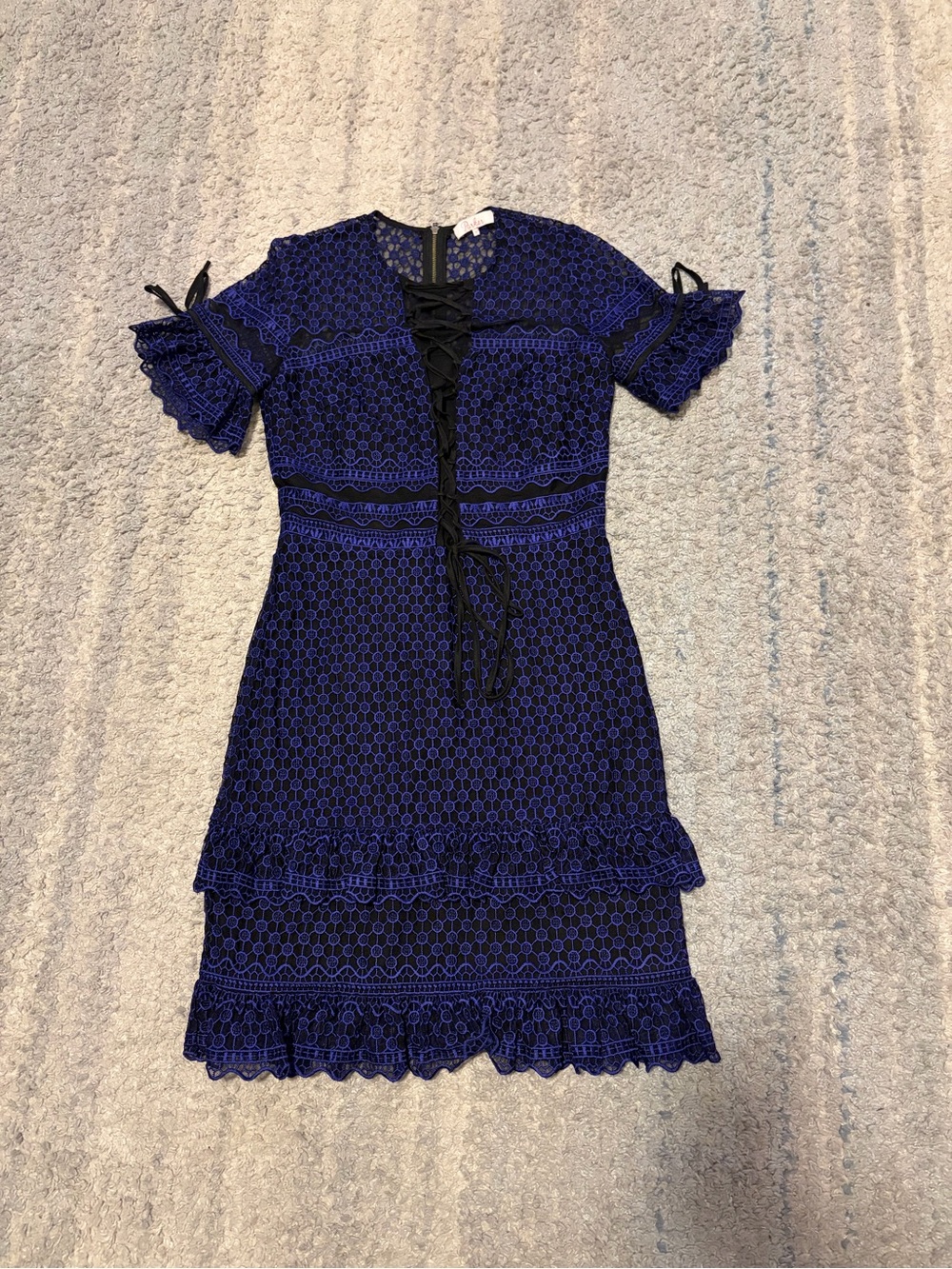 PARKER Royal Blue Black Lace Up Corset Tiered Ruffle Mini Dress Sz S Cocktail